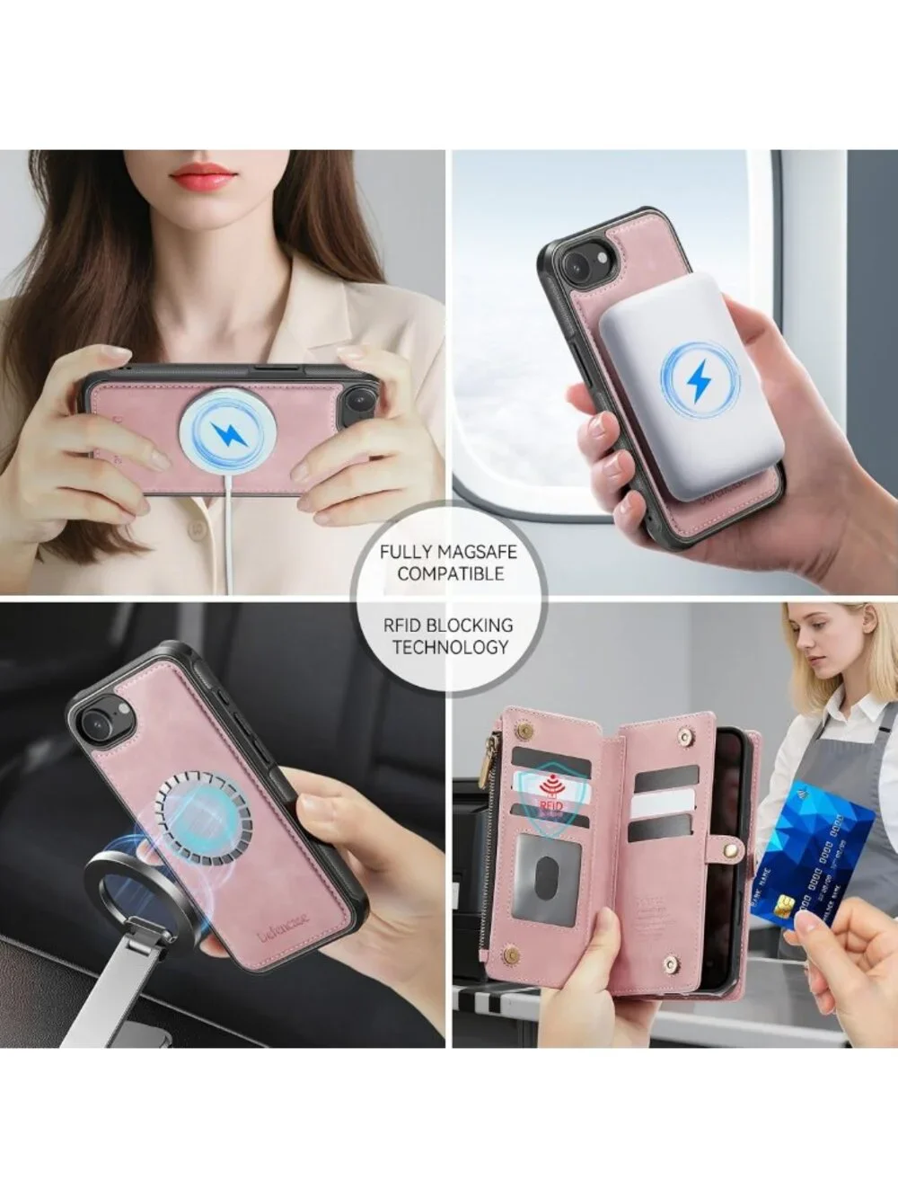 Stylish Rose Pink Wallet Case for iPhone 17e/16e, MagSafe Compatible, Slim